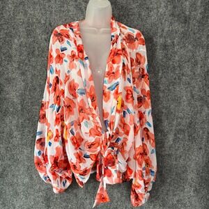 Colleen Lopez Top Womens Med Floral Tie Front Sheer‎ Blouse Boho Chic Cover Up